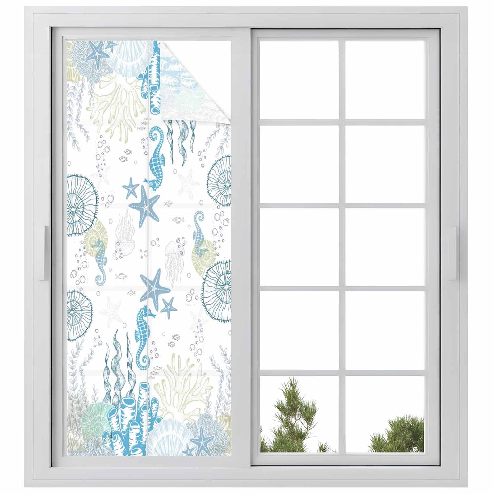 Coastal Blue Window Privacy Film, Ocean Coral Starfish Jellyfish Seahorse Static Cling UV Sun Blocking Heat Control Window Tint Day and Night, Non-Adhesive One Way Windows Privacy Cover 23.6''x59''