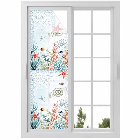 Coastal Blue Window Privacy Film, Ocean Coral Starfish Shell Nautical Seagrass Static Cling UV Sun Blocking Heat Control Window Tint, Non-Adhesive One Way Windows Privacy Cover 17.7''x78.7''