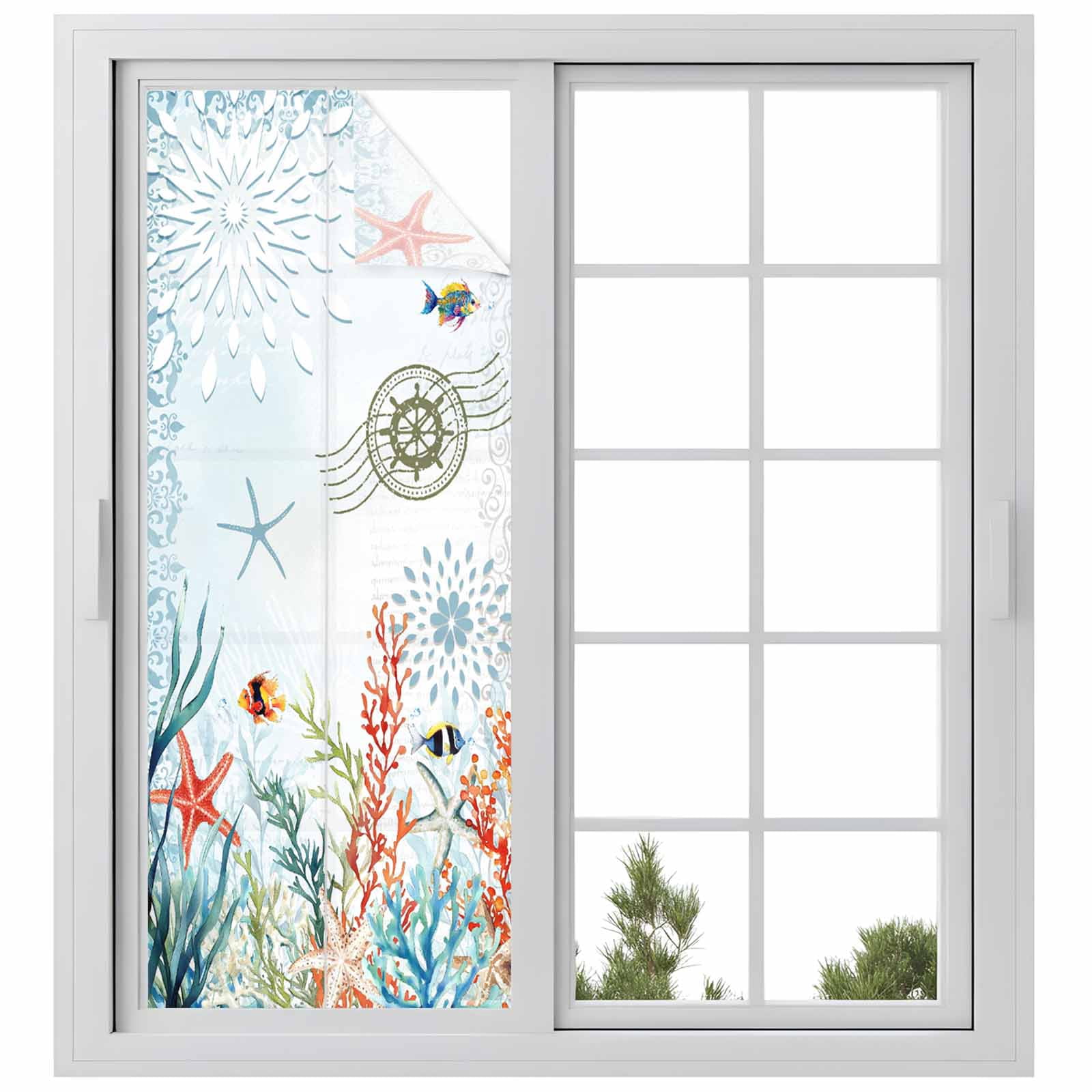 Coastal Blue Window Privacy Film, Ocean Coral Starfish Shell Nautical Seagrass Static Cling UV Sun Blocking Heat Control Window Tint, Non-Adhesive One Way Windows Privacy Cover 23.6''x59''