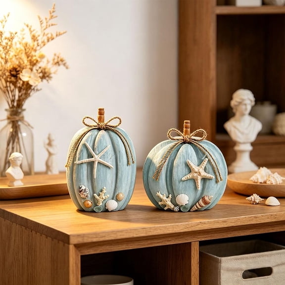 Coastal Blue Wooden Pumpkin Decor, 2-Piece Starfish & Seashell Fall Tabletop Set for Farmhouse Mantel, Shelf, Window & Home Display