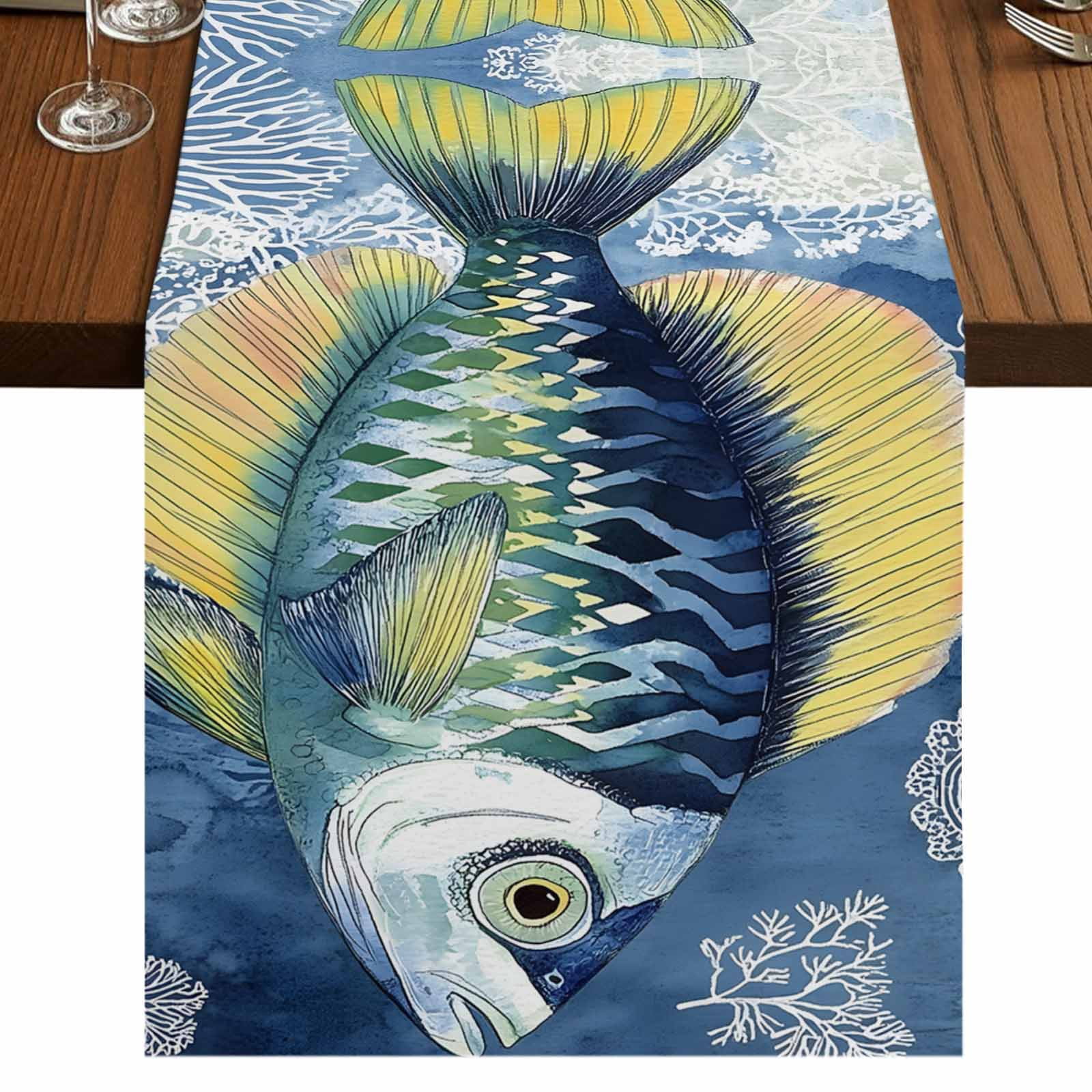 Coastal Blue Yellow Fish 36 Inch Table Runner, Summer Ocean Coral Plant ...