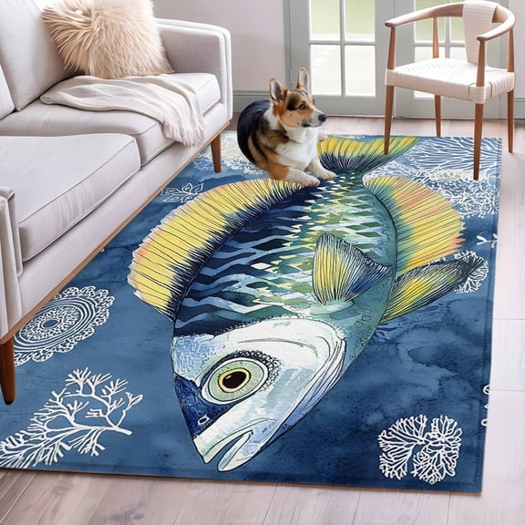Coastal Blue Yellow Fish Area Rug 3x5 Washable Rug Non Slip Summer Ocean Coral Plant Large Area Rug Indoor Floor Carpet for Entryway Bedroom Kitchen Living Room Home Office Dining Room Nursery