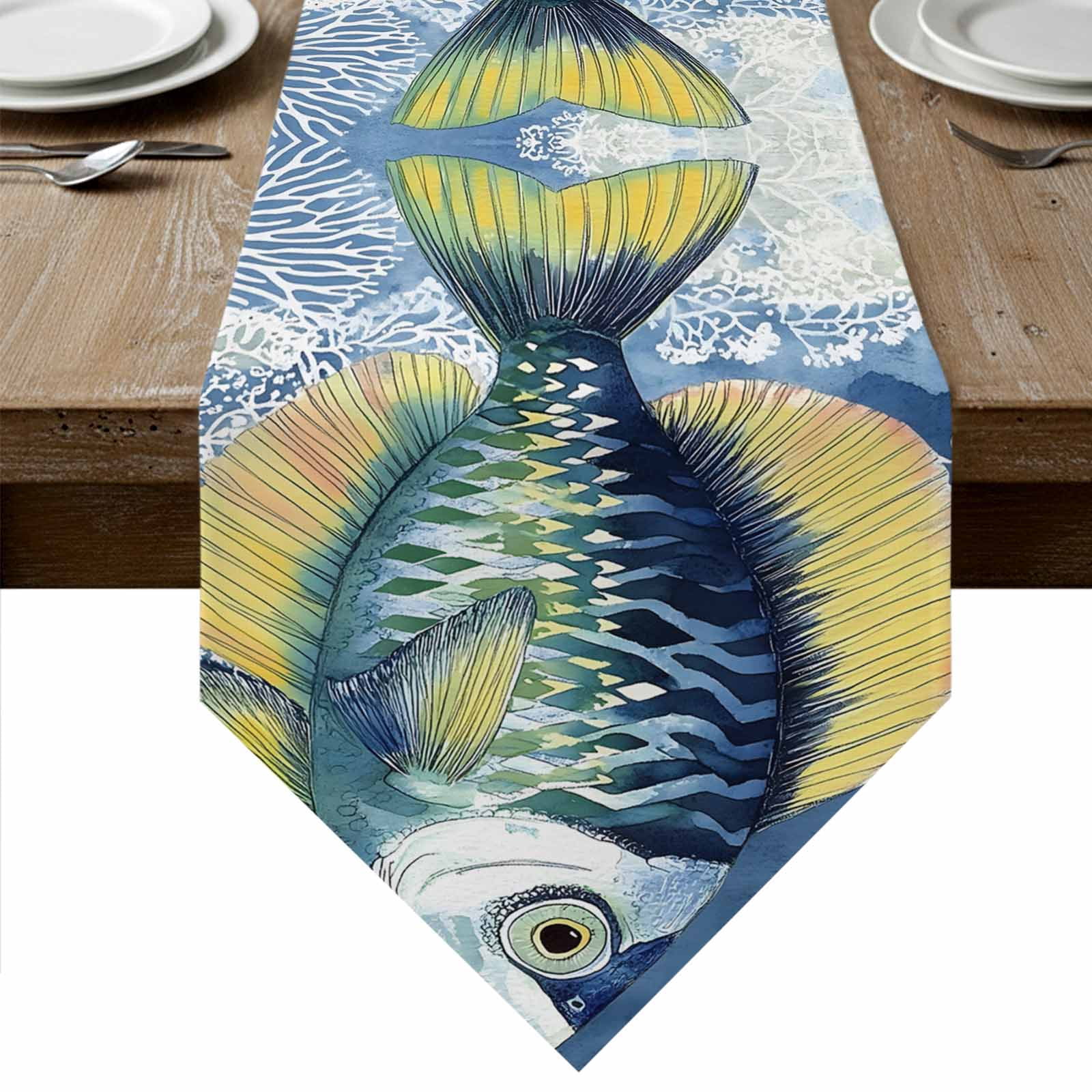 Coastal Blue Yellow Fish Table Runner Linen Burlap Table Runner 70 ...
