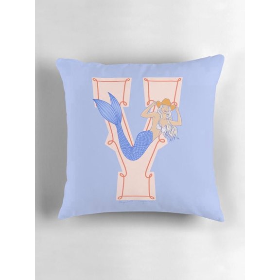 Coastal Blue and Coral Mermaid Letter Y Monogram Throw Pillow Cover, Double-Sided Print, Cover Only