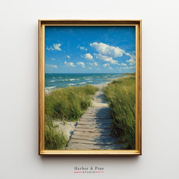 Coastal Boardwalk Through Dunes - Summer Beach Landscape Art, Nautical Decor, Ocean View Printable Wall Art, Cottagecore Vibes 1703, Unframed Poster Size 12x18