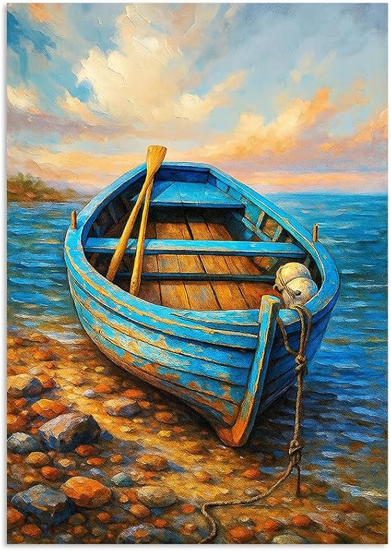 Coastal Boat Canvas Wall Art Painting,Blue Rowboat on Shoreline Poster ...