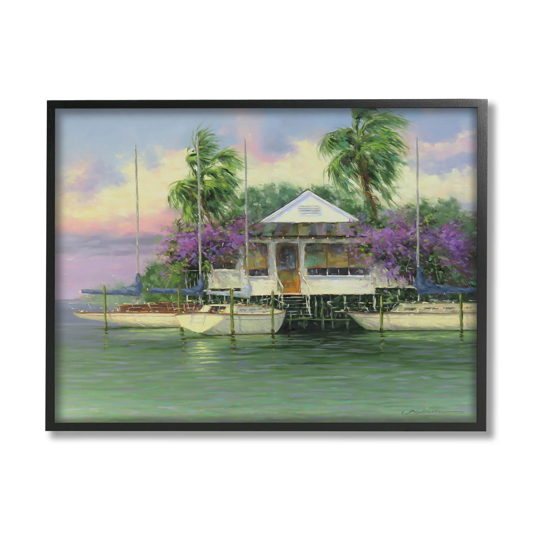 Coastal Boat Dock Tropical Palms Landscape Painting Black Framed Art Print Wall Art