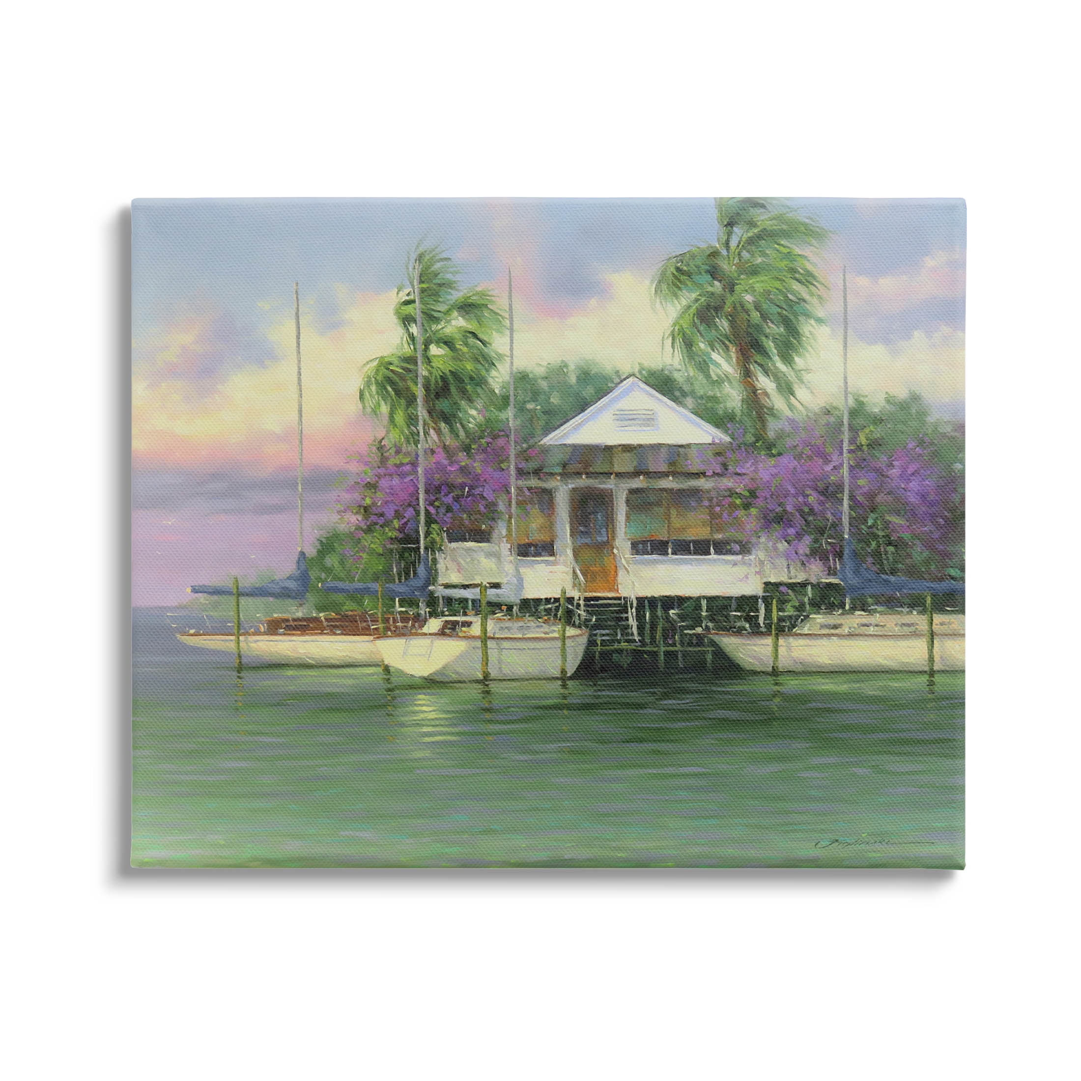 Coastal Boat Dock Tropical Palms Landscape Painting Gallery Wrapped Canvas Print Wall Art