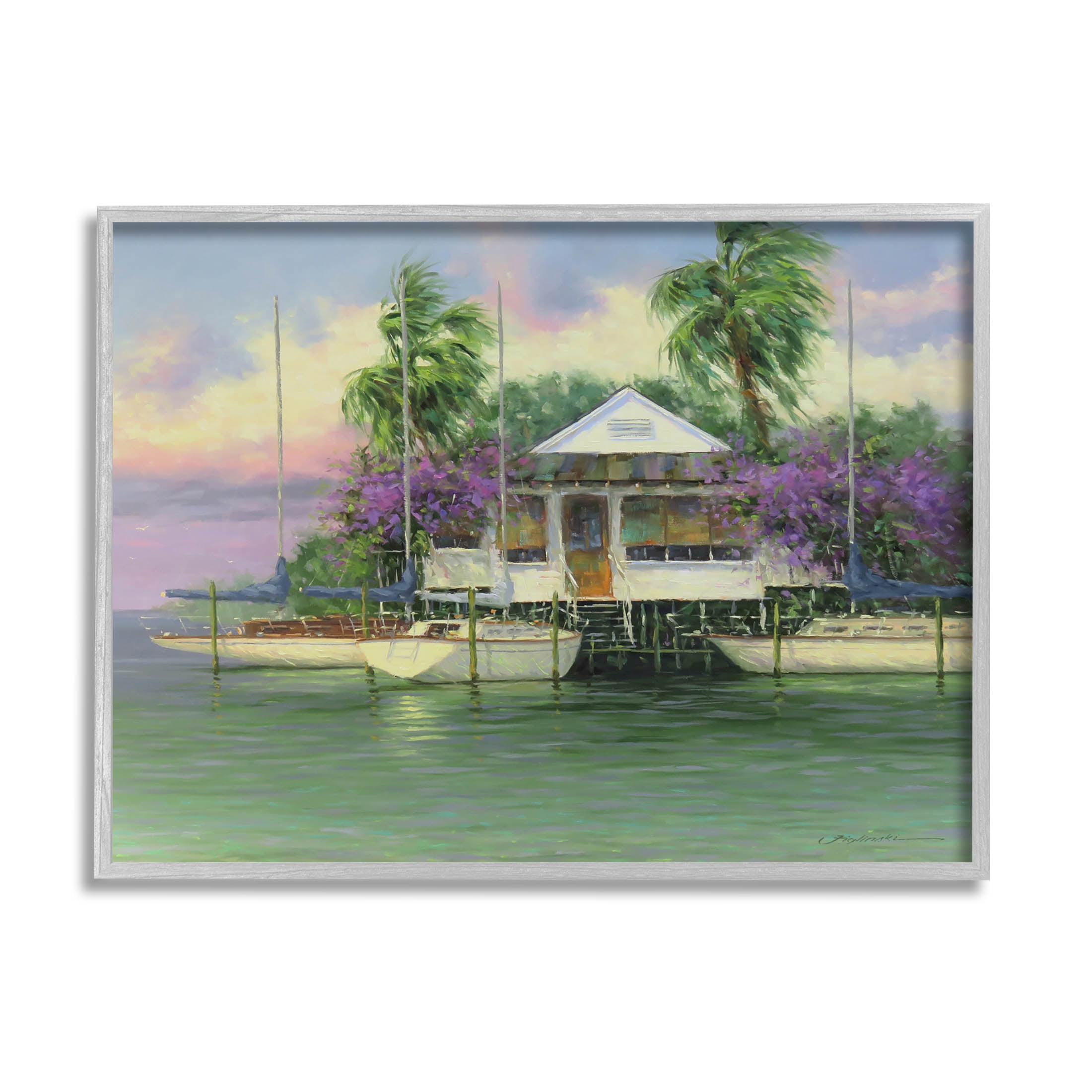 Coastal Boat Dock Tropical Palms Landscape Painting Gray Framed Art Print Wall Art