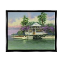 Coastal Boat Dock Tropical Palms Landscape Painting Jet Black Framed Art Print Wall Art
