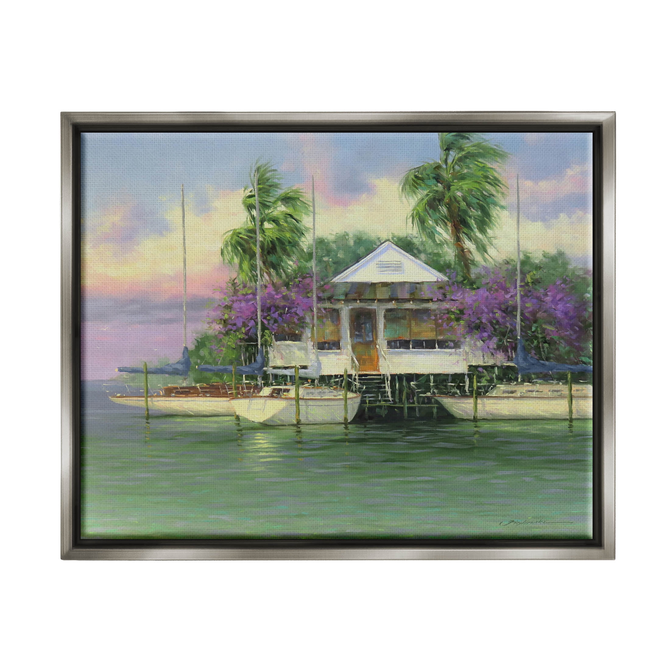 Coastal Boat Dock Tropical Palms Landscape Painting Luster Gray Framed Art Print Wall Art