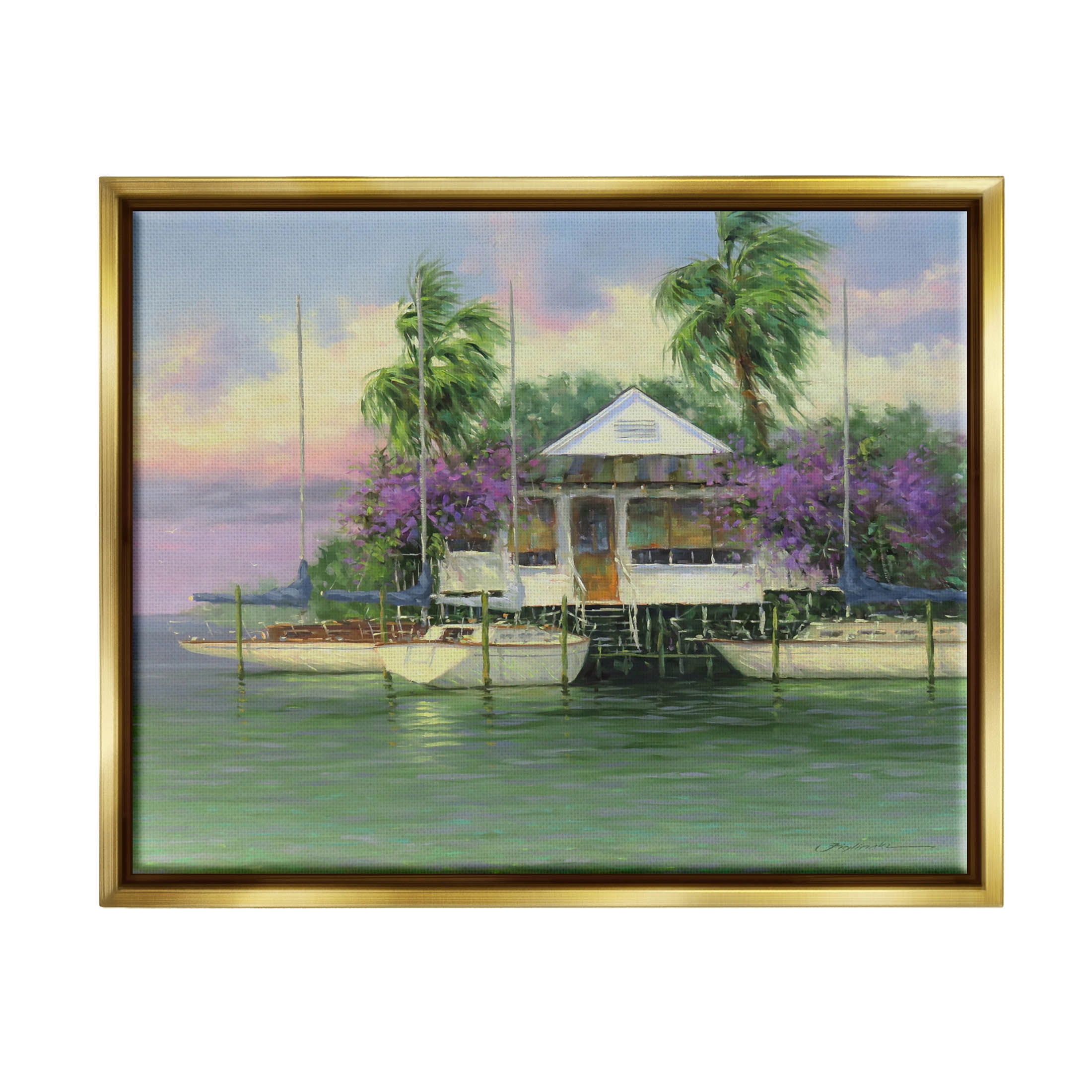 Coastal Boat Dock Tropical Palms Landscape Painting Metallic Gold Framed Art Print Wall Art