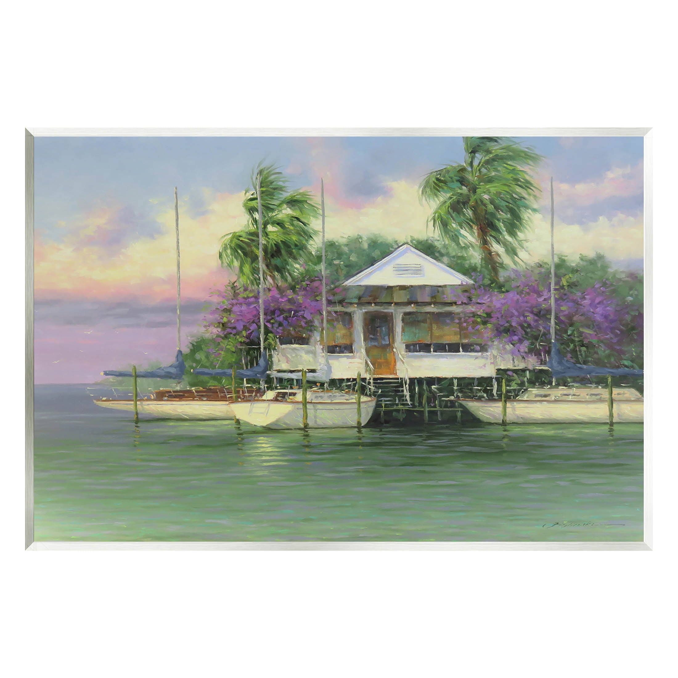 Coastal Boat Dock Tropical Palms Landscape Painting Unframed Art Print Wall Art