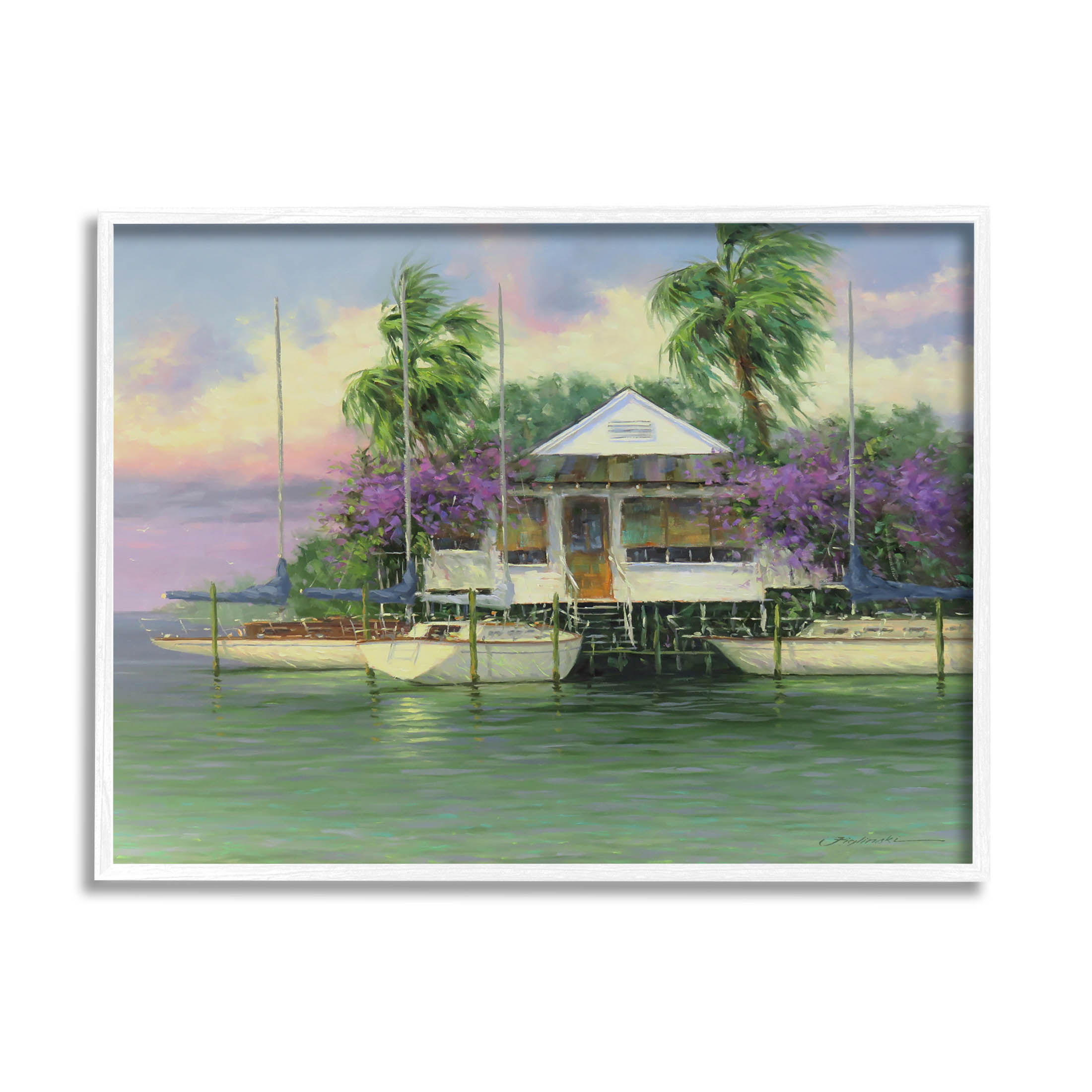 Coastal Boat Dock Tropical Palms Landscape Painting White Framed Art Print Wall Art