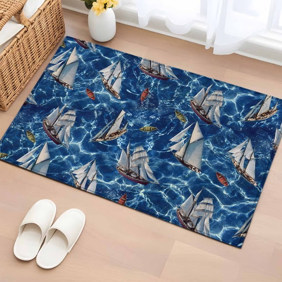 Coastal Boat Ocean Entryway Rug 2'x3' Non Slip Front Door Mats, Coastal Sea Waves Summer Entrance Rugs Indoor Outdoor Carpet, Washable Floor Mats Small Area Rug for Bedroom Kitchen