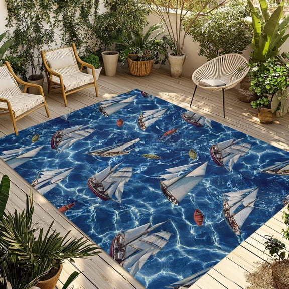 Coastal Boat Ocean Outdoor Rug for Patio/Deck/Porch, Non-Slip Large Area Rug 3 x 5 Ft, Coastal Sea Waves Summer Indoor Outdoor Rugs Washable Area Rugs, Reversible Camping Rug Carpet Runner