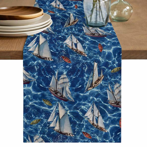 Coastal Boat Ocean Table Runner 36 Inches, Coastal Sea Waves Summer Bed Runner Dresser Scarves Tabletop for Indoor Outdoor Parties/Ceremony/Banquet, 13"x 36"