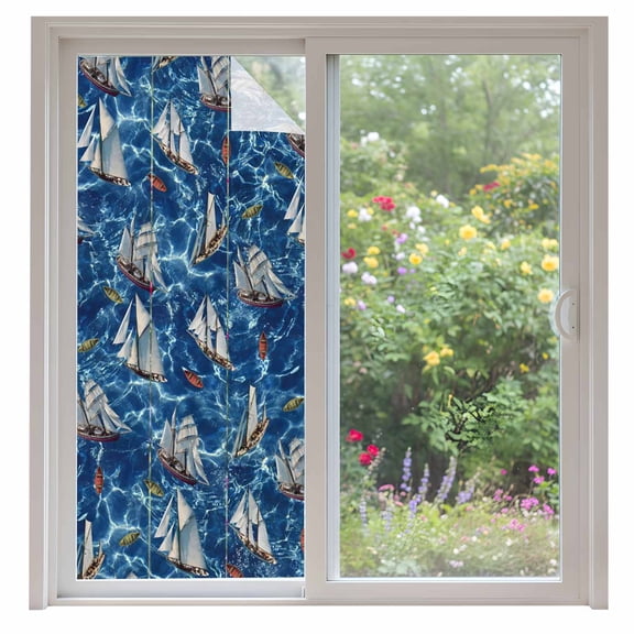 Coastal Boat Ocean Window Privacy Film, Coastal Sea Waves Summer Static Cling UV Sun Blocking Heat Control Window Tint Day and Night, Non-Adhesive Reusable One Way Windows Privacy Cover 35.4''x78.7''