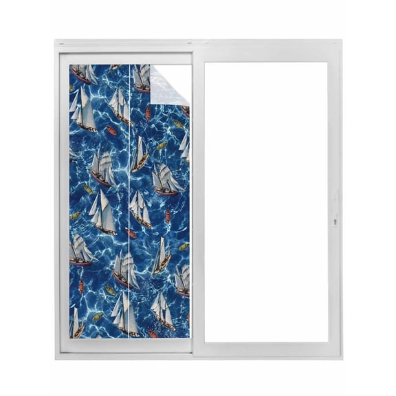 Coastal Boat Ocean Window Privacy Film, Coastal Sea Waves Summer Static Cling UV Sun Blocking Tint Film Heat Control Windows Films for Bedroom Bathroom, Window Stickers 29.5"x78.7"