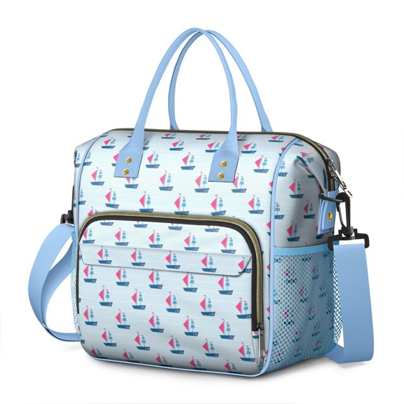 Coastal Boat and Compass Pattern Insulated Lunch Tote, Large Waterproof Lunch Box Cooler with Sea and Beach Design, Ideal for Office or Picnic