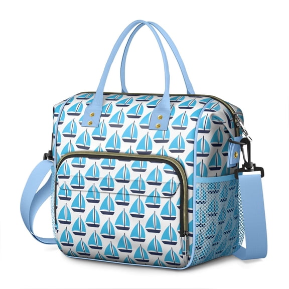 Coastal Boat and Compass Pattern Insulated Lunch Tote, Large Waterproof Lunch Box Cooler with Sea and Beach Design, Ideal for Office or Picnic