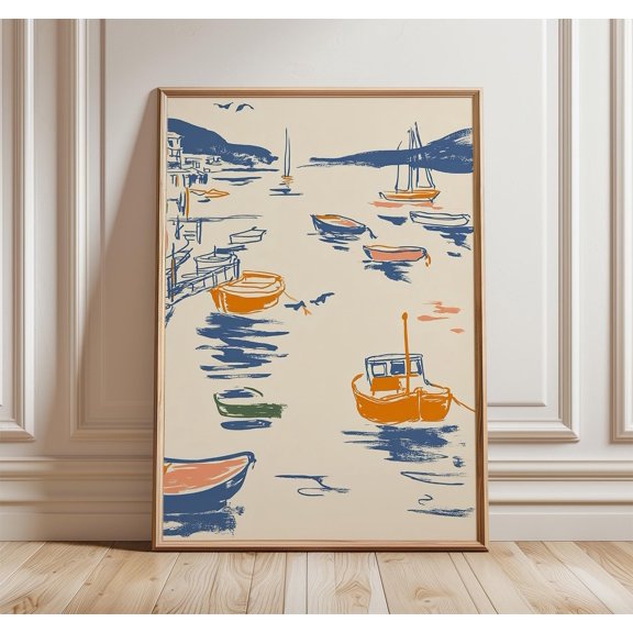Coastal Boats Art Print, Mediterranean Harbor Poster, Nautical Wall Art, Seaside, Blue and Orange Maritime, Poster Only