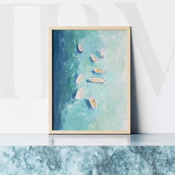 Coastal Boats Art Print, Serene Ocean Seascape Home Decor #581, Stretched Canvas Size 12x18