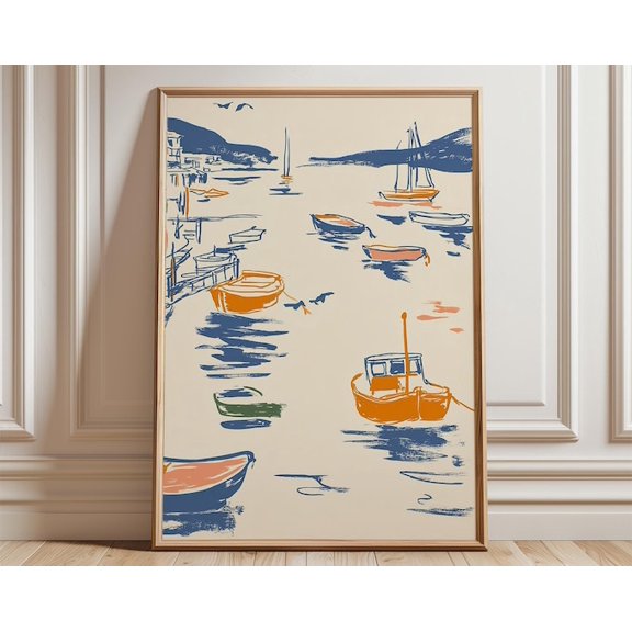 Coastal Boats Mediterranean Harbor Nautical Seaside Blue Orange Maritime Wall Art Print, Unframed Paper Poster 8x10in