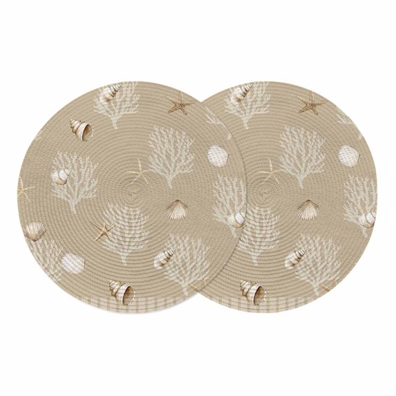 Coastal Brown Coral Round 13 Inch Placemats Set of 2, Summer Ocean Starfish Conch Nautical HeatResistant Non Slip Place Mats for Dining Table, Wipeable Braided Kitchen Table Mats for Housewarming