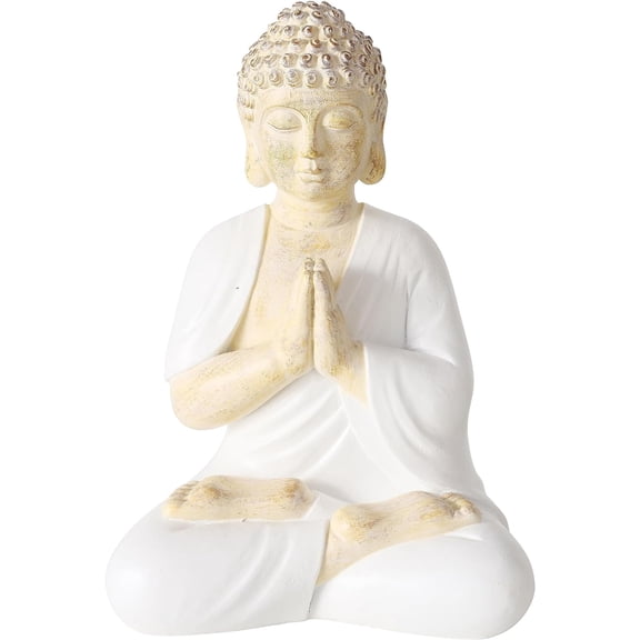 Coastal Buddha Figurine, Beige with White Drapery, Namaste Greetings Pose, Hand Cast Resin, 7.75 Inches Tall, Water Resistant