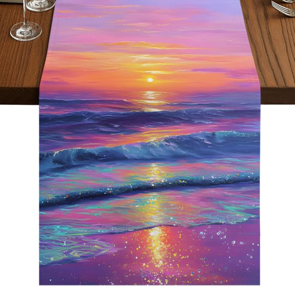 Coastal Burlap Cotton Table Runner 13x48 Inches Long, Dreamy Abstract Sunset Sky Reflection Farmhouse Table Runners, Outdoor Dining Tablecloths Decor for Baby Shower/Party/Wedding
