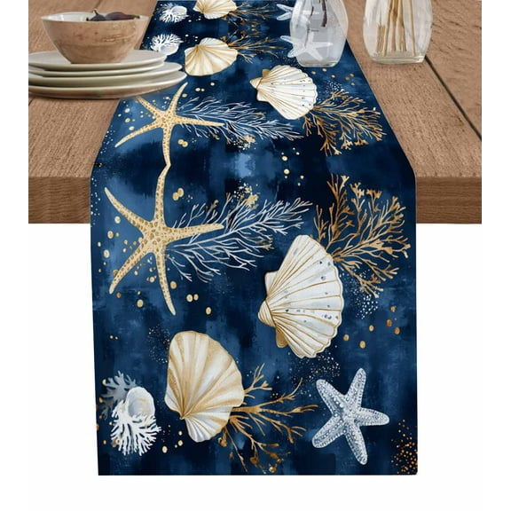Coastal Burlap Cotton Table Runner 13x70 Inches Long, Summer Beach Starfish Shell Sea Coral Navy Blue Farmhouse Table Runners, Outdoor Dining Tablecloths Decor for Baby Shower/Party/Wedding