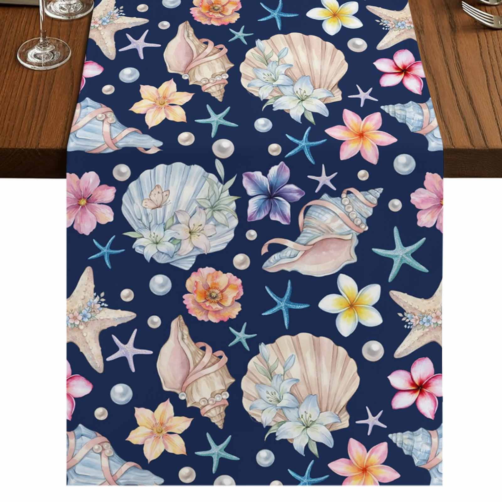 Shell Table Clothes Coastal Burlap Cotton Table Runner 16x72 Inches Long, Summer Nautical ...