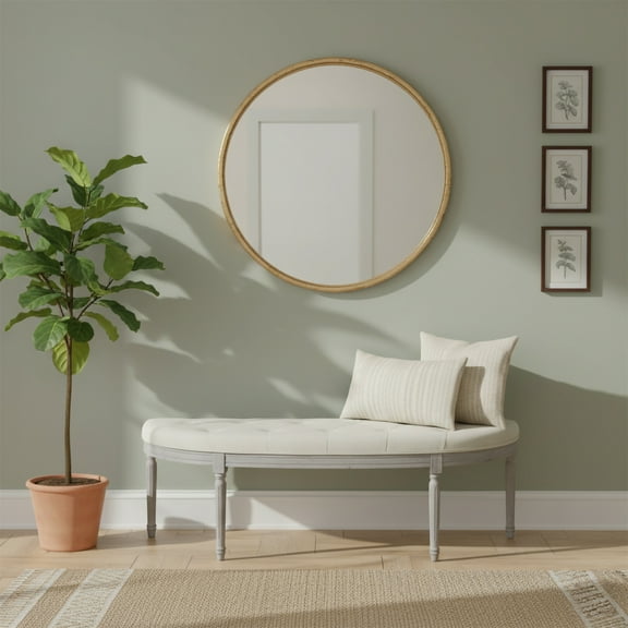 Coastal Button Tufted Light Beige Upholstered Bench with Weathered Gray Legs