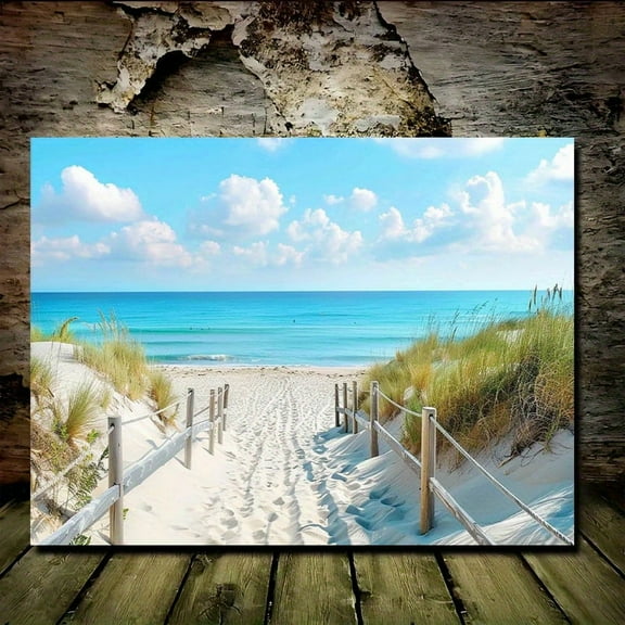 Coastal Canvas Wall Art - Blue Ocean Beach Trail and Golden Sand Dunes Framed Painting, Wooden Frame Canvas Print, Tranquil Coastal Scenery Wall Decor Suitable for Bathroom, Bedroom, Living Room