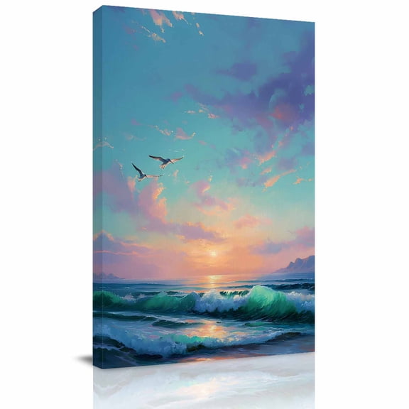Coastal Canvas Wall Art for Living Room, Summer Bird Seagulls Waves Sunset Nautical Poster Print Painting for Bedroom Office Home Decoration Wall Pictures Prepare To Hang 12"x12"