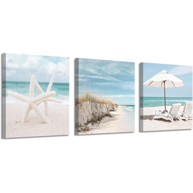 Coastal Canvas Wall Art Print: Starfish & Beach Chairs on Sand Artwork for Wall Painting for Bedroom(12" W x 12" H x 3 PCS, Multi-Sized)