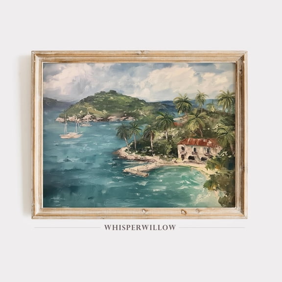 Coastal Caribbean Tropical Landscape,, Nautical Ocean Wall Decor, Seascape Island Artwork, Palm Trees Home Decor, 8x12 UNFRAMED