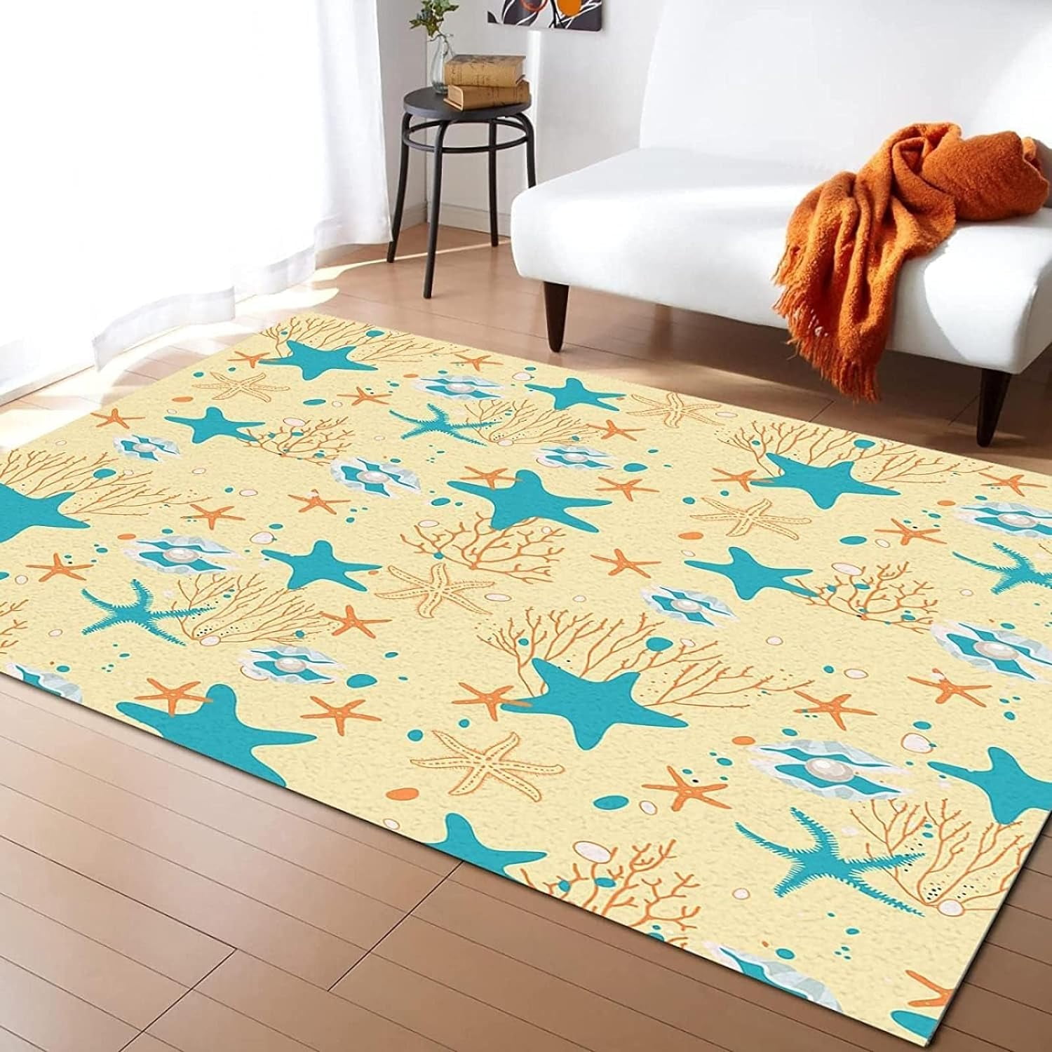 Coastal Cartoon Ocean Theme Area Rug, Yellow Blue Starfish Seaweed ...