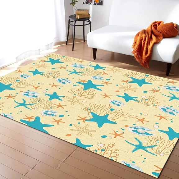 Coastal Cartoon Ocean Theme Area Rug, Yellow Blue Starfish Seaweed Outdoor Indoor Washable Rug, Art Floor Mat Indoor Rugs Soft Mats For Kids Room Bedroom Living Room Nursery