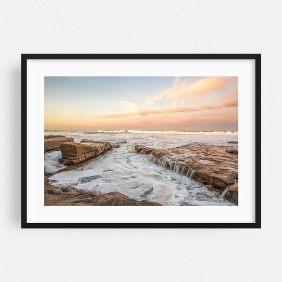 Coastal Cascade Serenity - San Diego California Photography Ocean Waves Beach Coast Sunset Scenic Nature Black Framed Wall Art Print 5 x 7 inches
