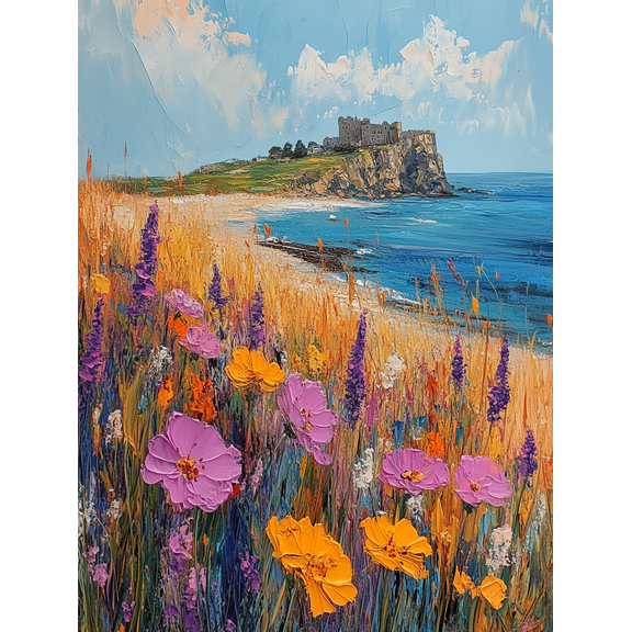 Coastal Castle and Wildflowers Canvas Wall Art， Perfect for Living Room， Dining Room， Office， and Hallway Decoration.