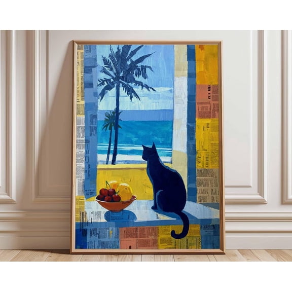 Coastal Cat Mediterranean Colorful Collage Wall Art Print, Unframed Paper Poster 8x10in