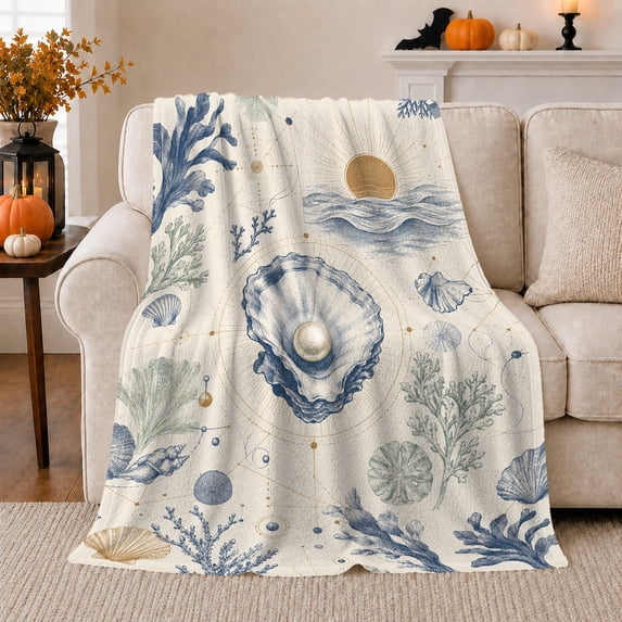 Coastal Celestial Seashell Coral Marine Motif, Peaceful Coastal Landscape Scene, Warm Flannel Blanket for Beach House and Living Room, Beach Lovers Housewarming Gift, Coastal Home Decor