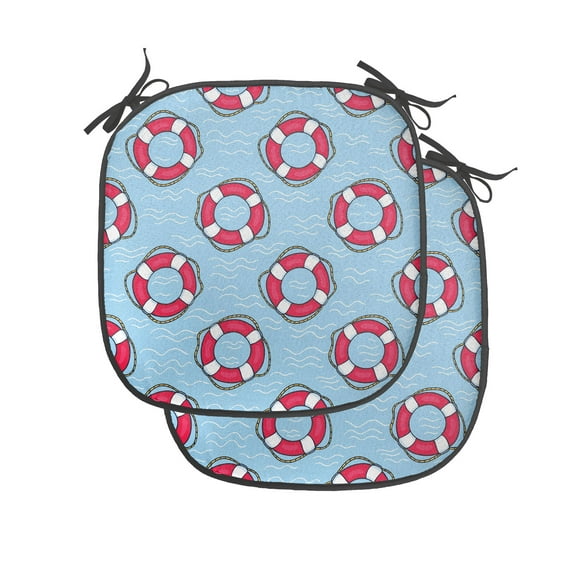 Coastal Chair Seating Cushion Set of 4, Pattern with Floating in Ocean Swimming Urgency SOS Protection, Seat Pads for Office with Anti-slip Backing, 16"x16", Pale Blue Pink White, by Ambesonne