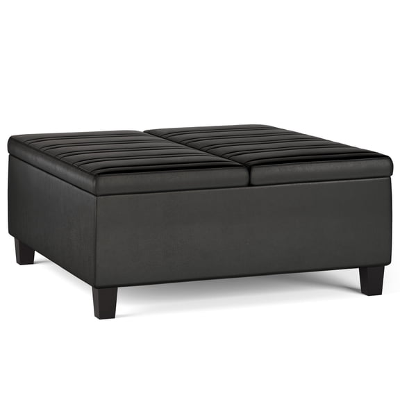 Coastal Charm 36-inch Wide Square Coffee Table Storage Ottoman in Distressed Black Vegan Faux Leather, 36 In D x 36 In W x 16.5 In H, Lift-Top with Safety Hinge