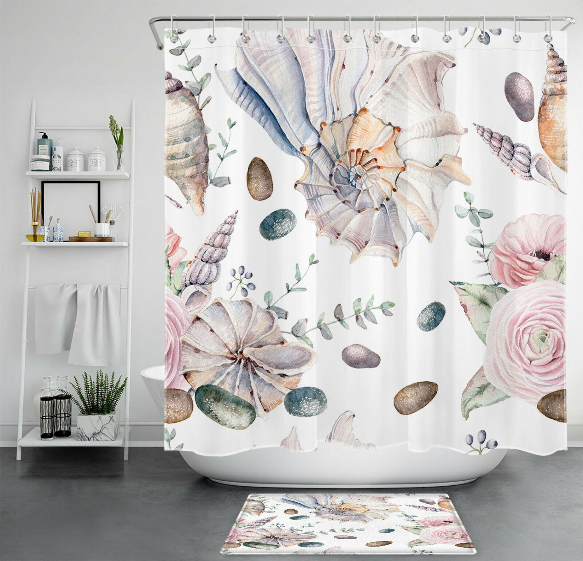 Coastal Charm Seashell Flower Watercolor Shower Curtain Set with Hooks