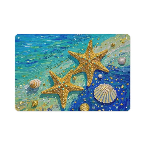 Coastal Charm Starfish & Shells Tin Sign 5.5x8 Inch Vintage Beach Wall Decor Ideal for Living Room, Porch, or Bathroom Gift for Ocean Lovers and Beach Enthusiasts