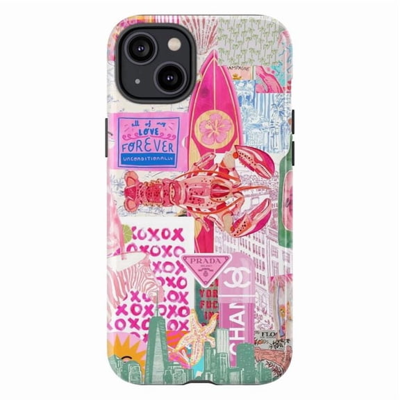 Coastal Chic Collage Phone Case, Artistic Lobster & Surfboard iPhone Cover, Unique Protective Case for iPhone 17 16 15 14 13 12 11 Pro Max Plus Mini