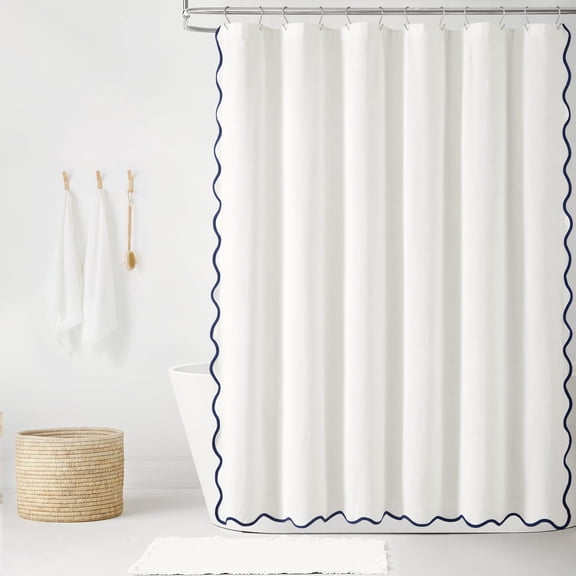 Coastal Chic Scallop Edge Linen-Textured Shower Curtain, Single 72" W x 72" L, - Scalloped Shower Curtains - Coastal Bathroom Curtain
